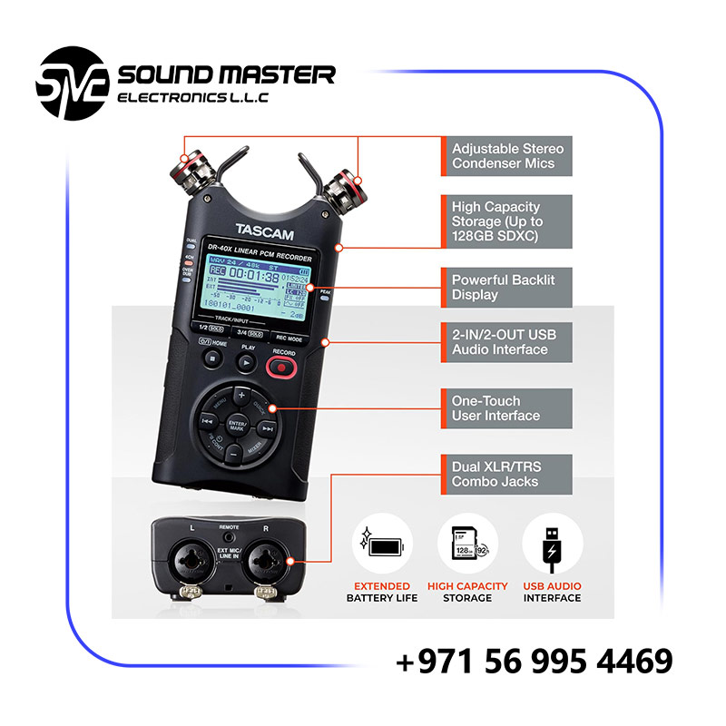 S3 TASCAM DR-40X 4-Channel Portable Audio Recorder and USB Interface with Adjustable Mic